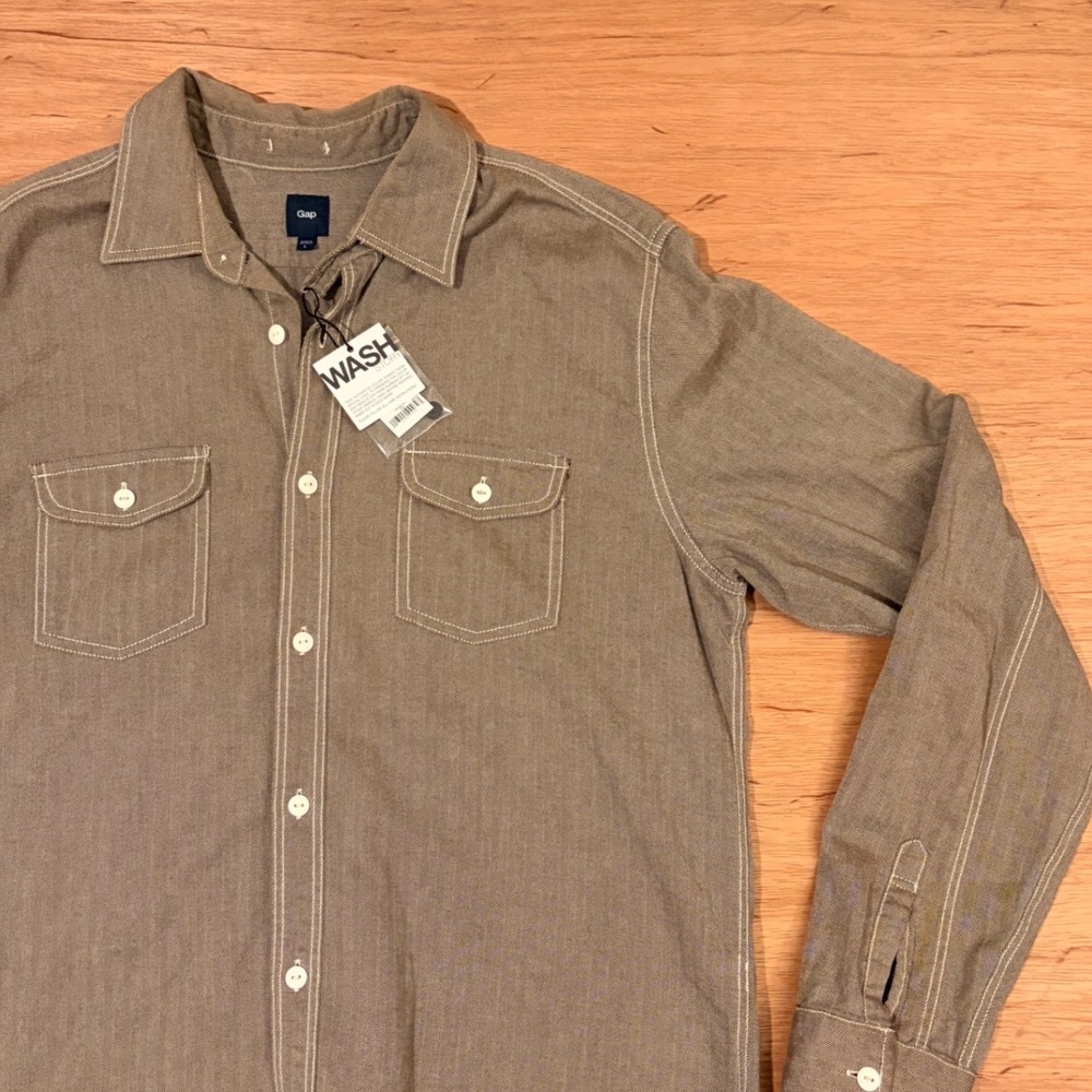 Gap Mens Herringbone Work Shirt Khaki Brown Cotton Long Sleeve Utility L NWT